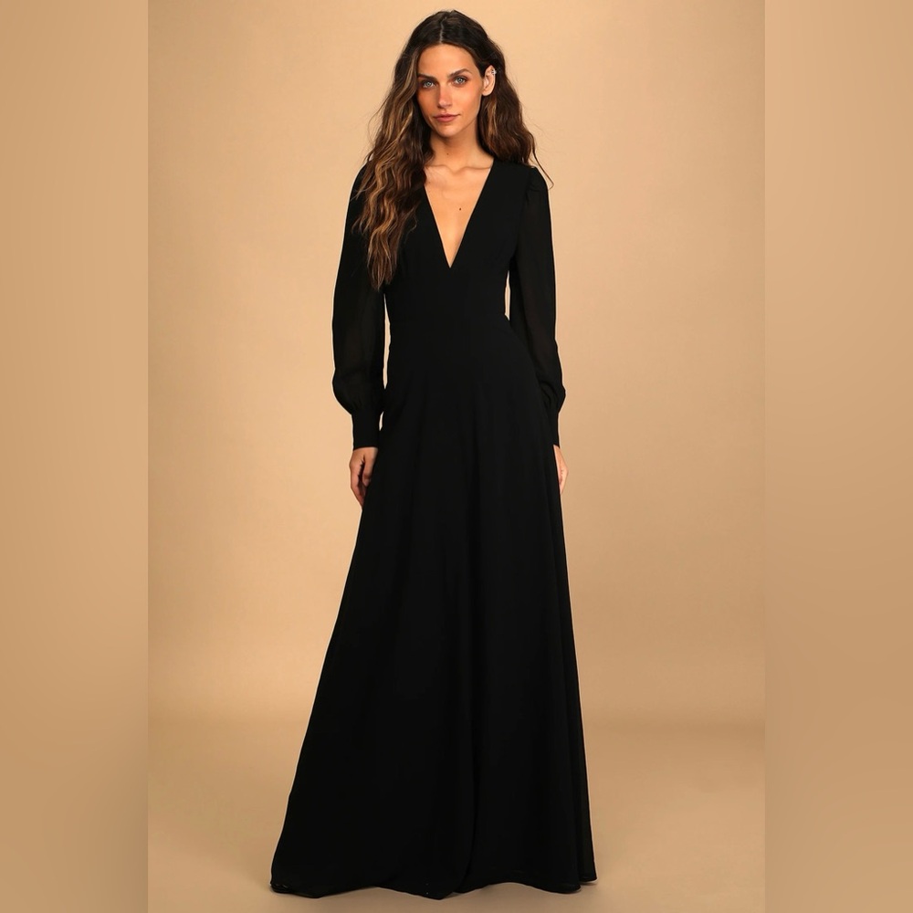 Black Chiffon Sleeve V Neck Open Back Gown